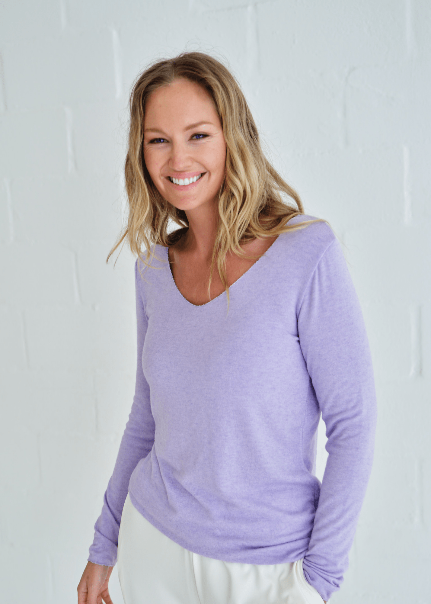 View our Italian Shimmer Edged V Neck Knit In Lilac - by Tribute Store