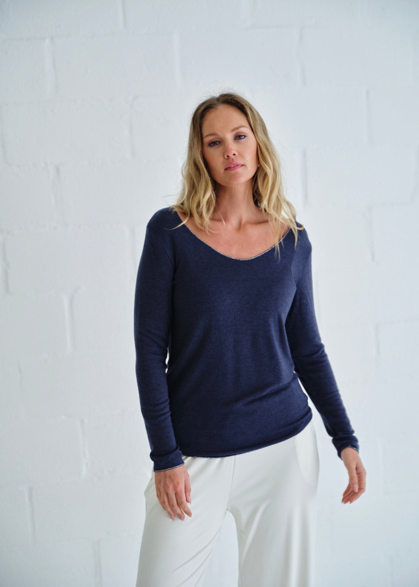 View our Italian Shimmer Edged V Neck Knit In Navy - by Tribute Store