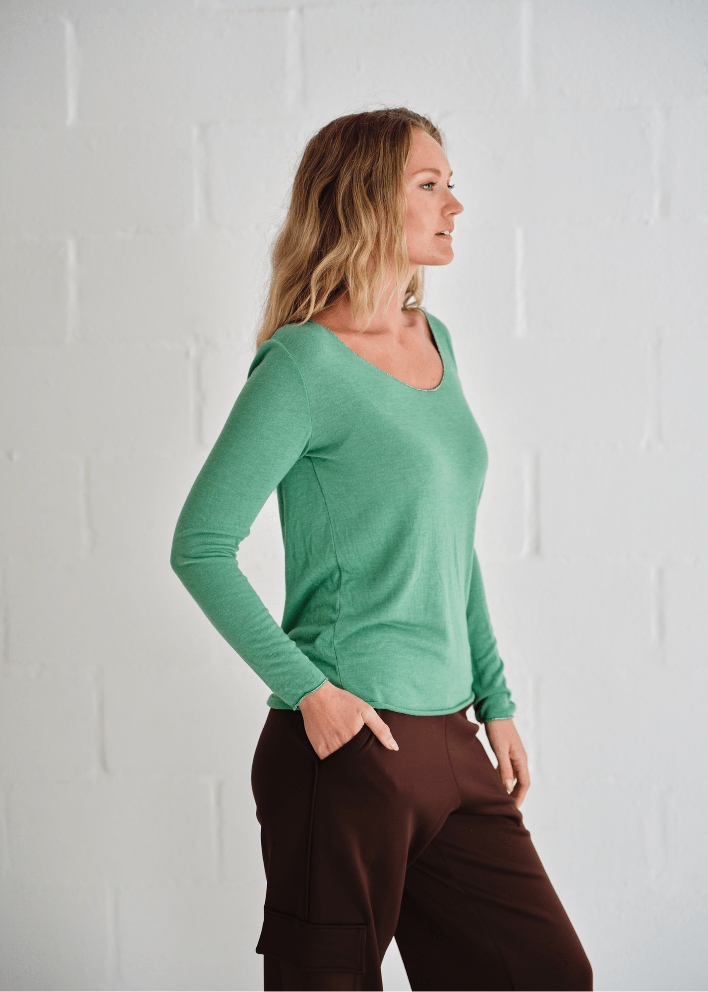 View our Italian Shimmer Edged V Neck Knit In Ocean Green - by Tribute Store