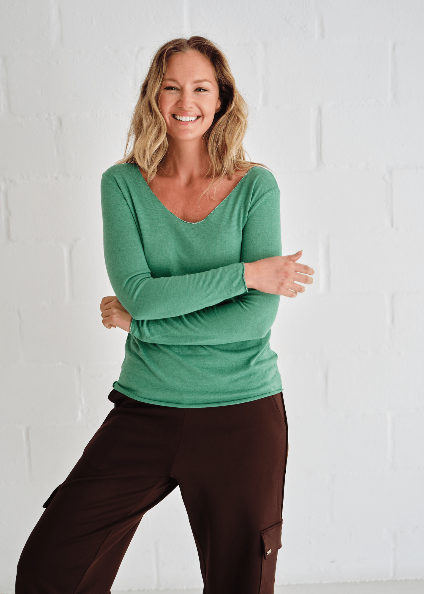 View our Italian Shimmer Edged V Neck Knit In Ocean Green - by Tribute Store