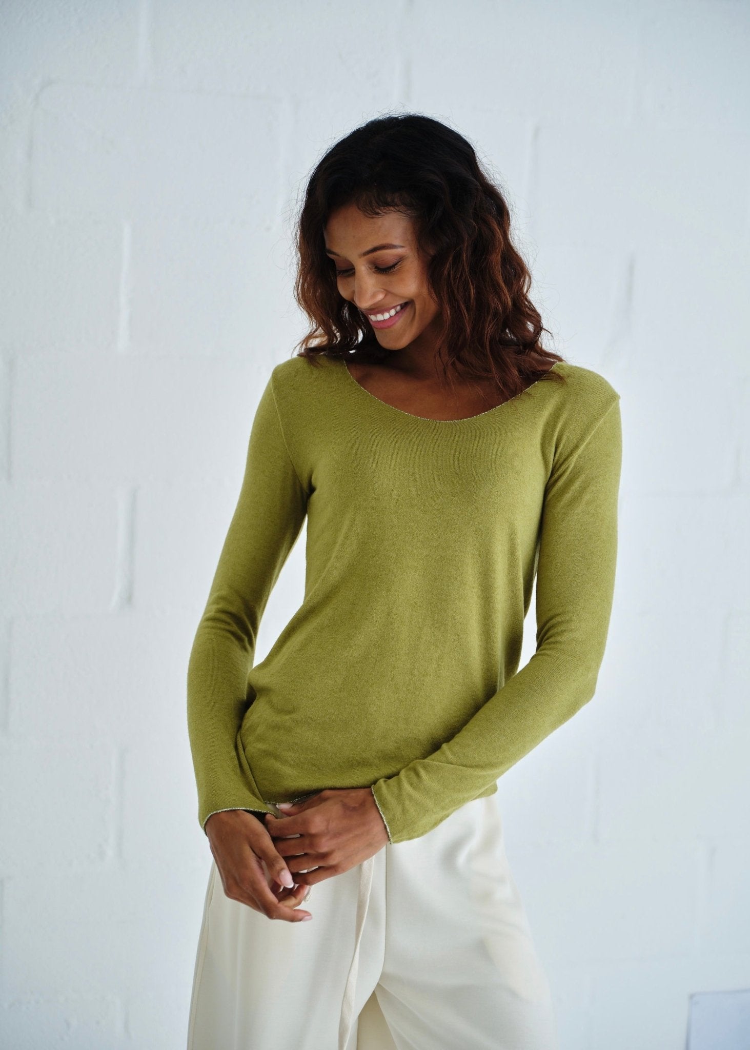 View our Italian Shimmer Edged V Neck Knit In Olive Green - by Tribute Store