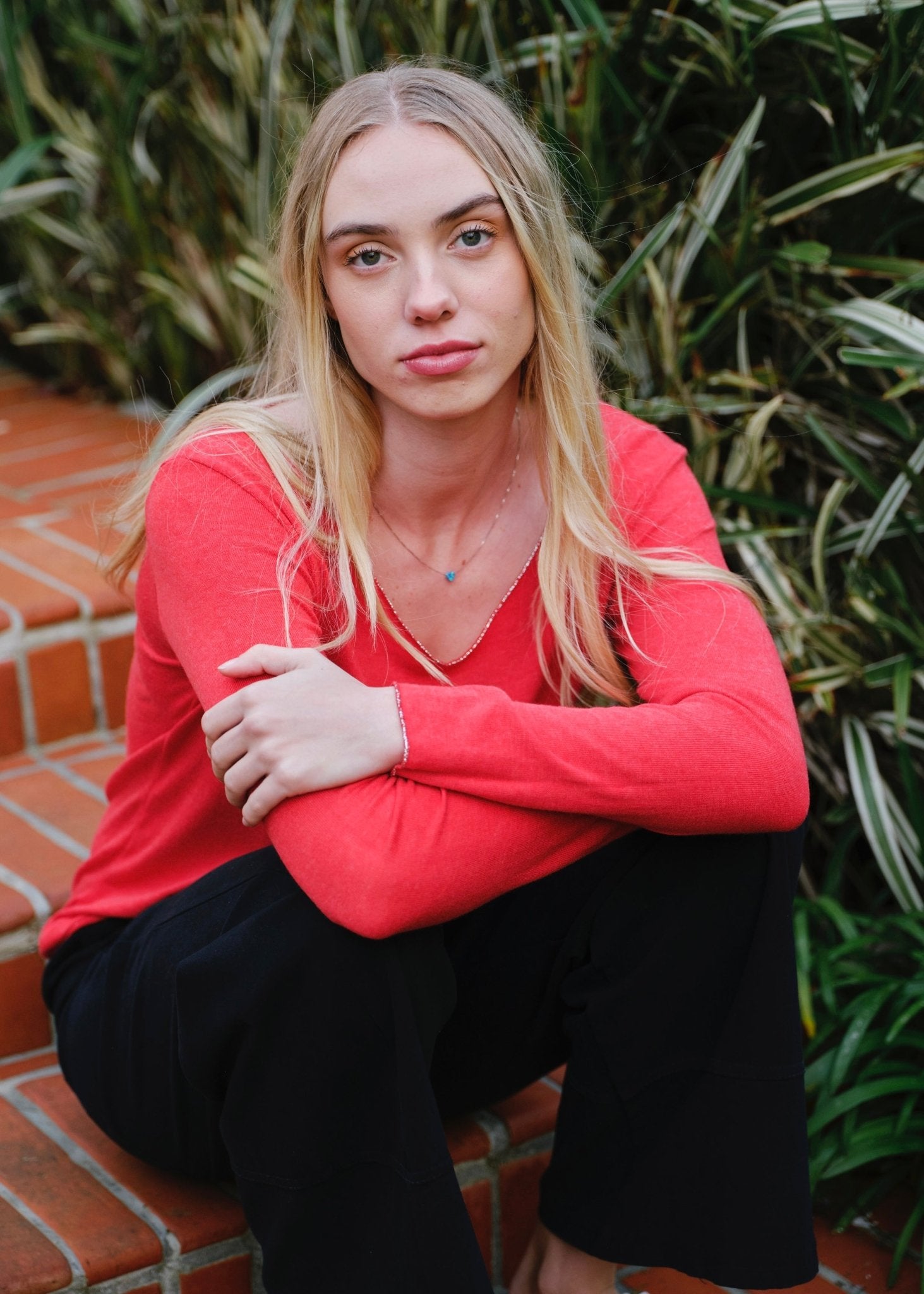View our Italian Shimmer Edged V Neck Knit In Red - by Tribute Store