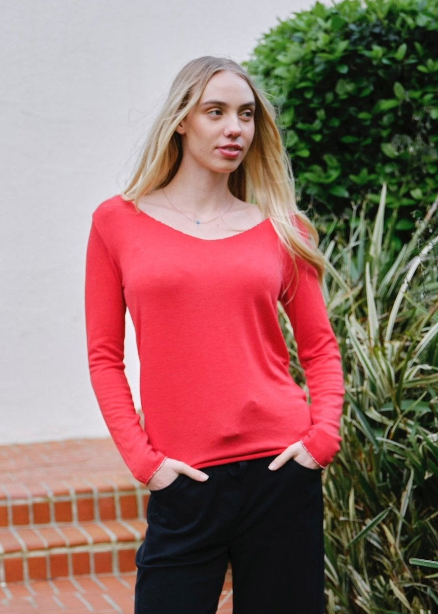 View our Italian Shimmer Edged V Neck Knit In Red - by Tribute Store