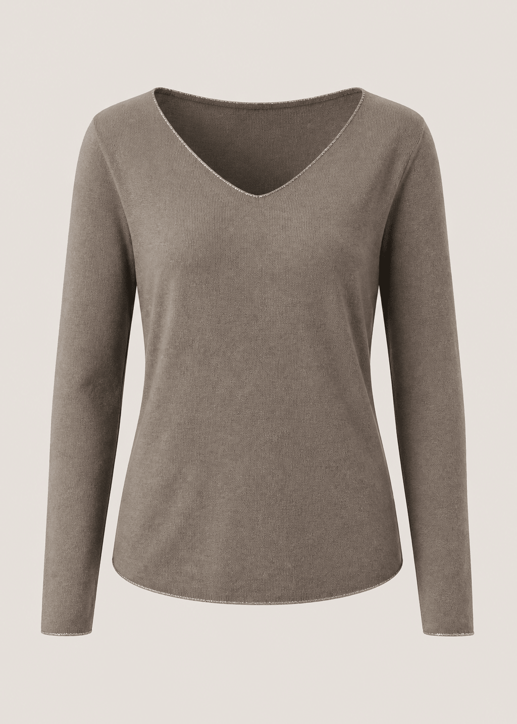 View our Italian Shimmer Edged V Neck Knit In Taupe - by Tribute Store