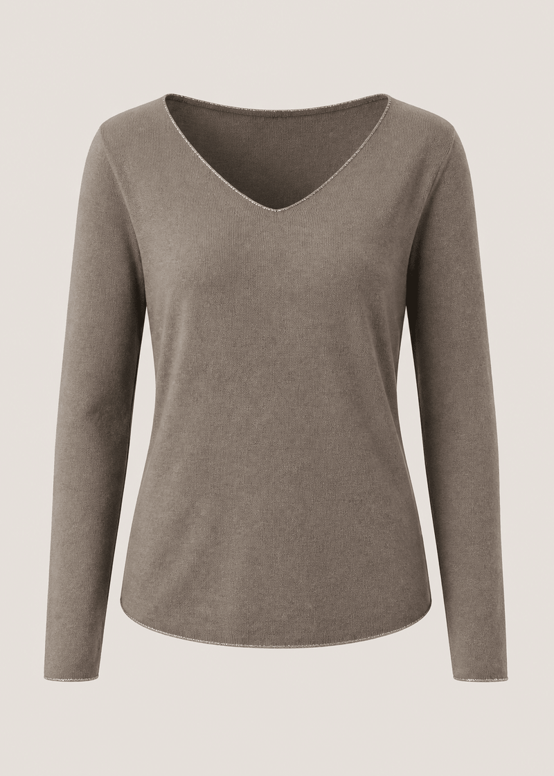 View our Italian Shimmer Edged V Neck Knit In Taupe - by Tribute Store