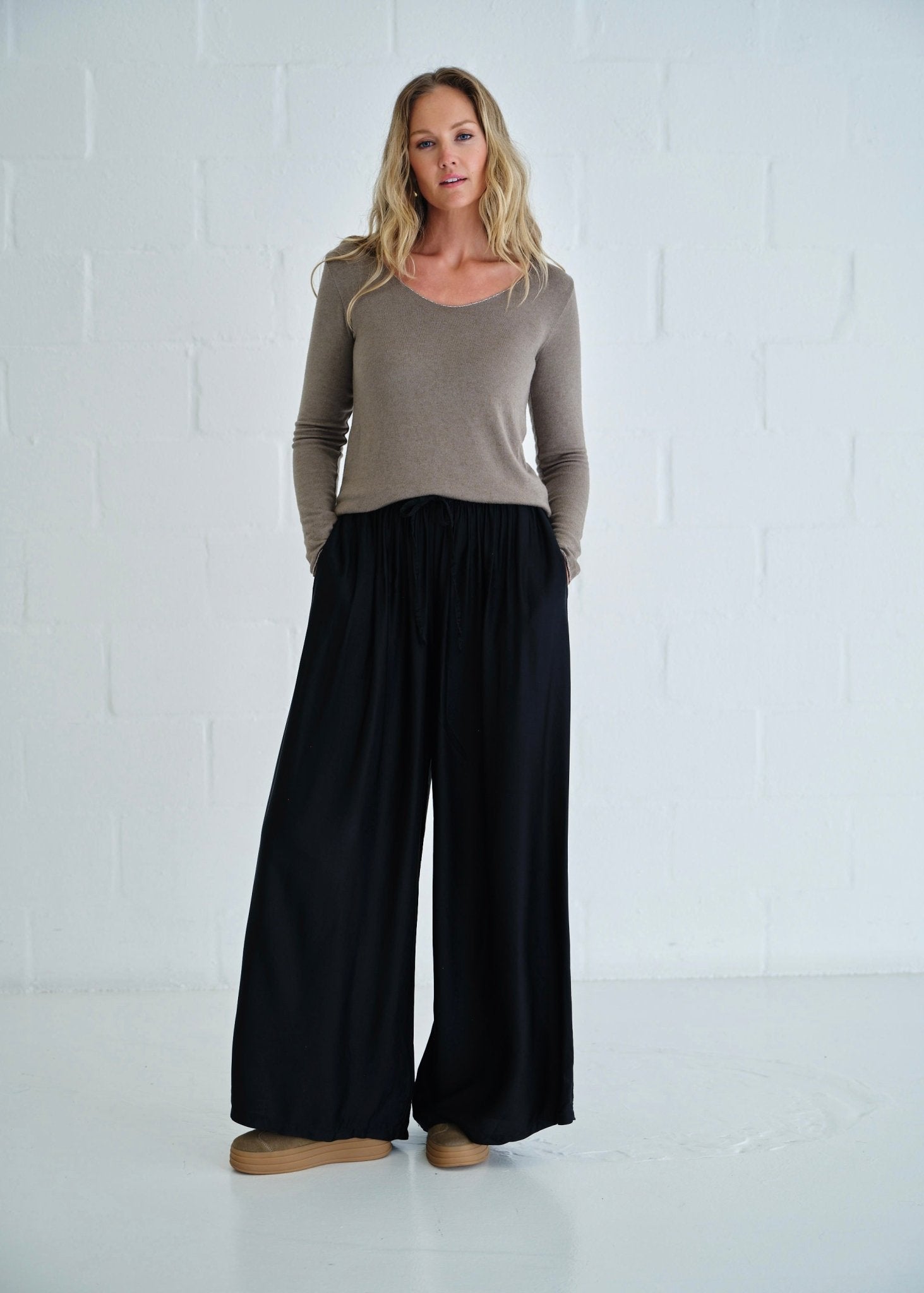 View our Italian Shimmer Edged V Neck Knit In Taupe - by Tribute Store