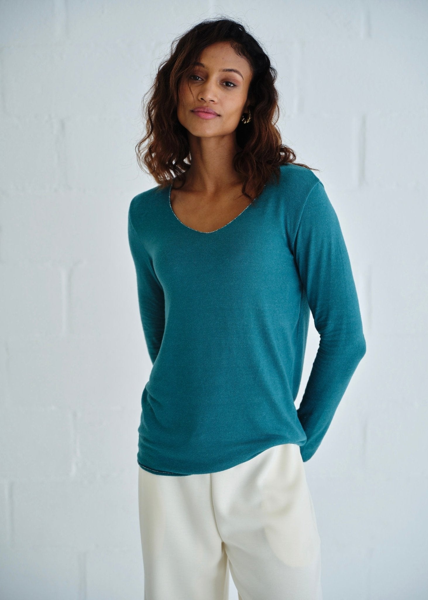 View our Italian Shimmer Edged V Neck Knit In Teal - by Tribute Store