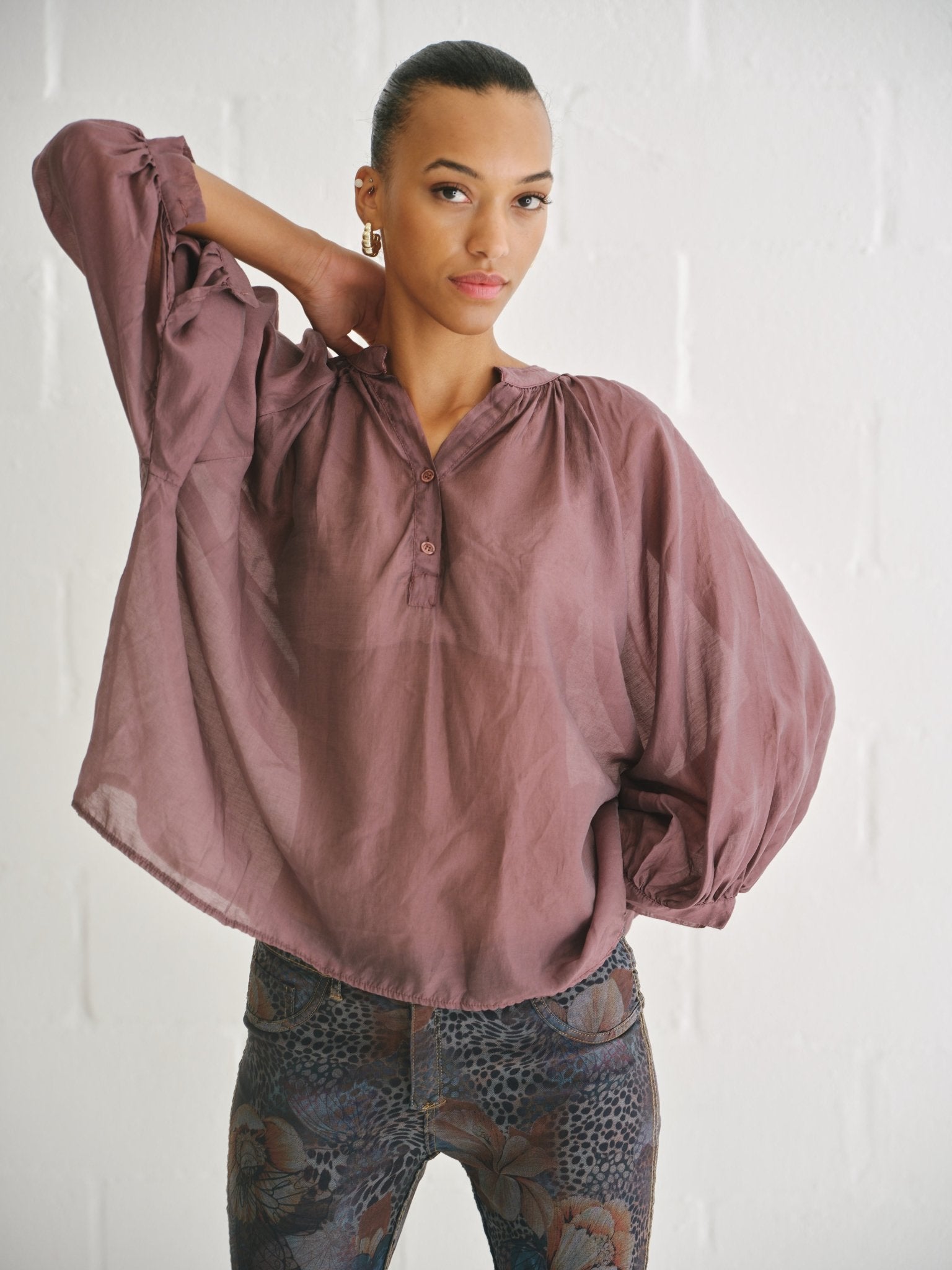 View our Italian Silk Blend Balloon Sleeved Blouse In Maroon - by Tribute Store