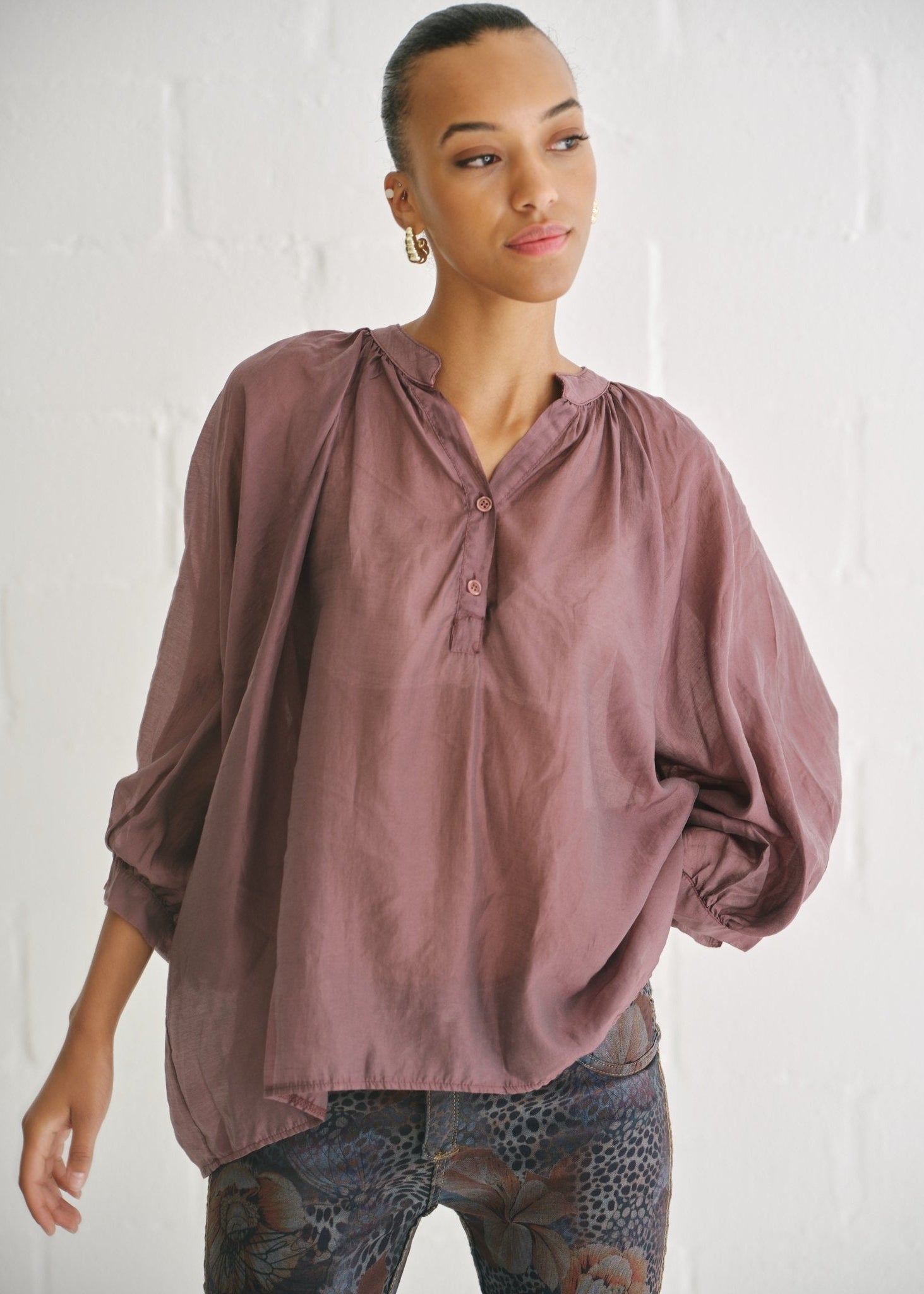 View our Italian Silk Blend Balloon Sleeved Blouse In Maroon - by Tribute Store