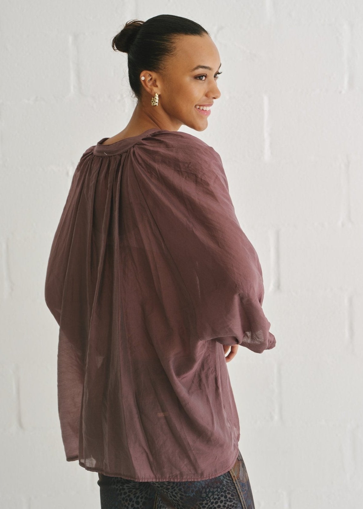 View our Italian Silk Blend Balloon Sleeved Blouse In Maroon - by Tribute Store