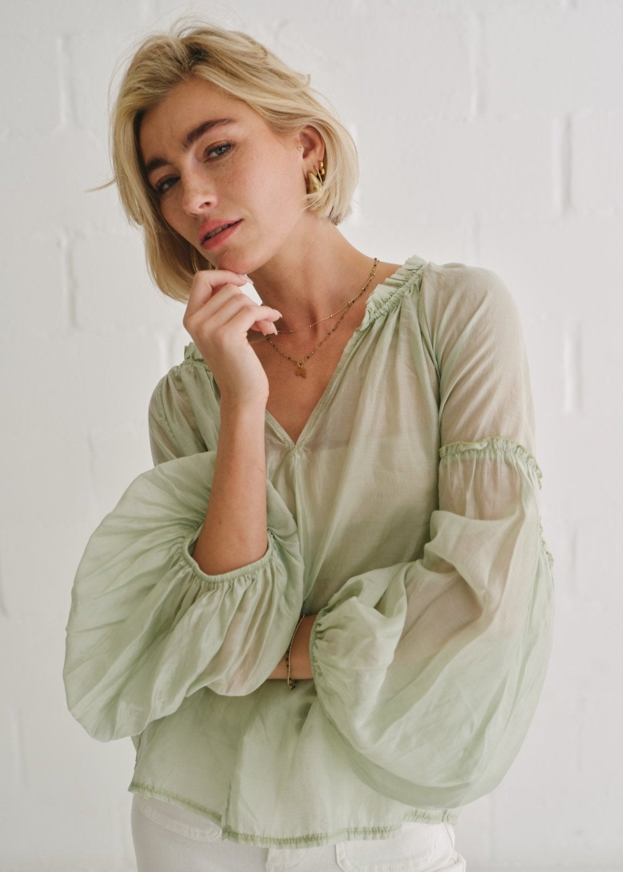 View our Italian Silk Blend Frill Blouse Pistachio - by Tribute Store