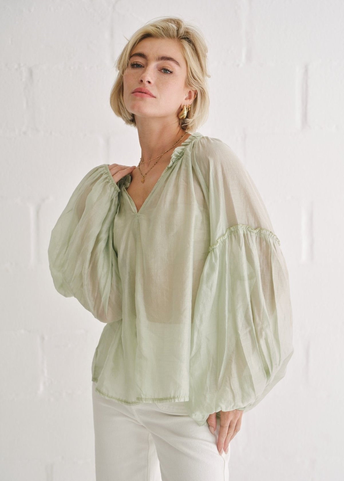 View our Italian Silk Blend Frill Blouse Pistachio - by Tribute Store