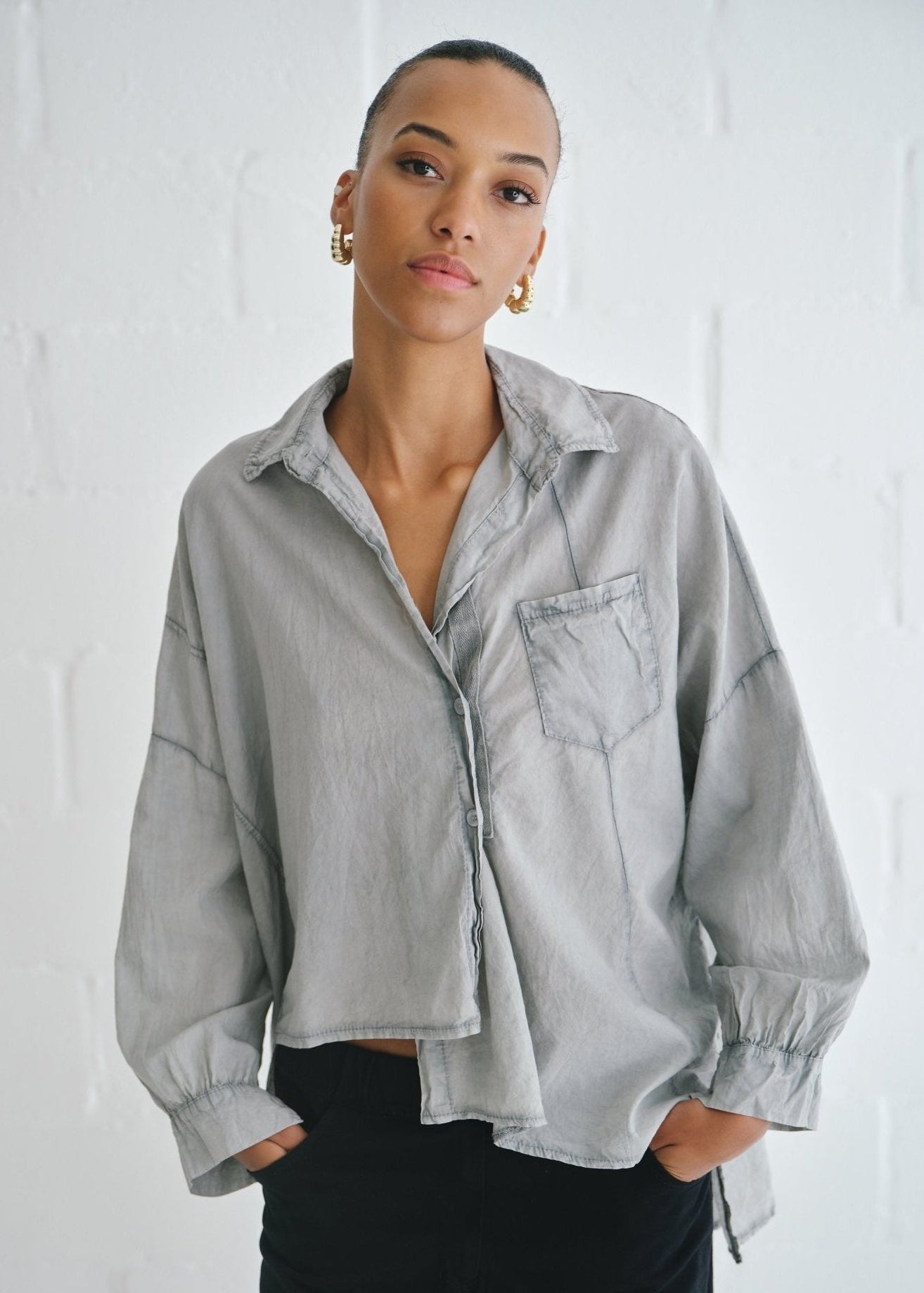 View our Italian Stonewashed Cotton Shirt with Assymetrical Hem In Grey - by Tribute Store