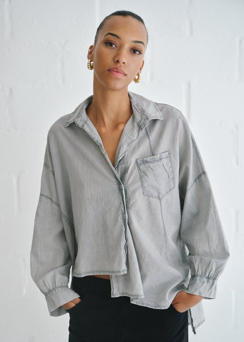 View our Italian Stonewashed Cotton Shirt with Assymetrical Hem In Grey - by Tribute Store