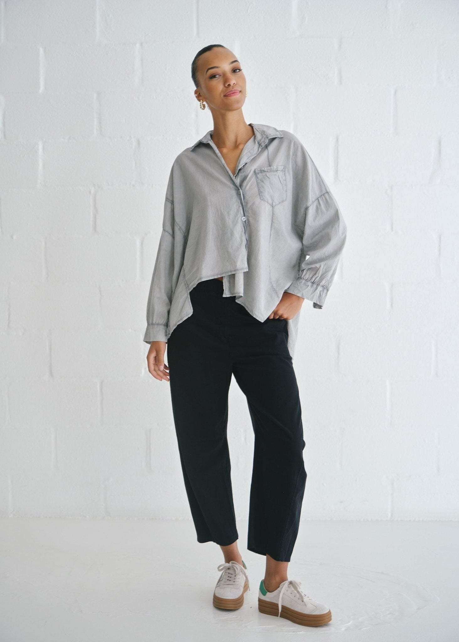 View our Italian Stonewashed Cotton Shirt with Assymetrical Hem In Grey - by Tribute Store