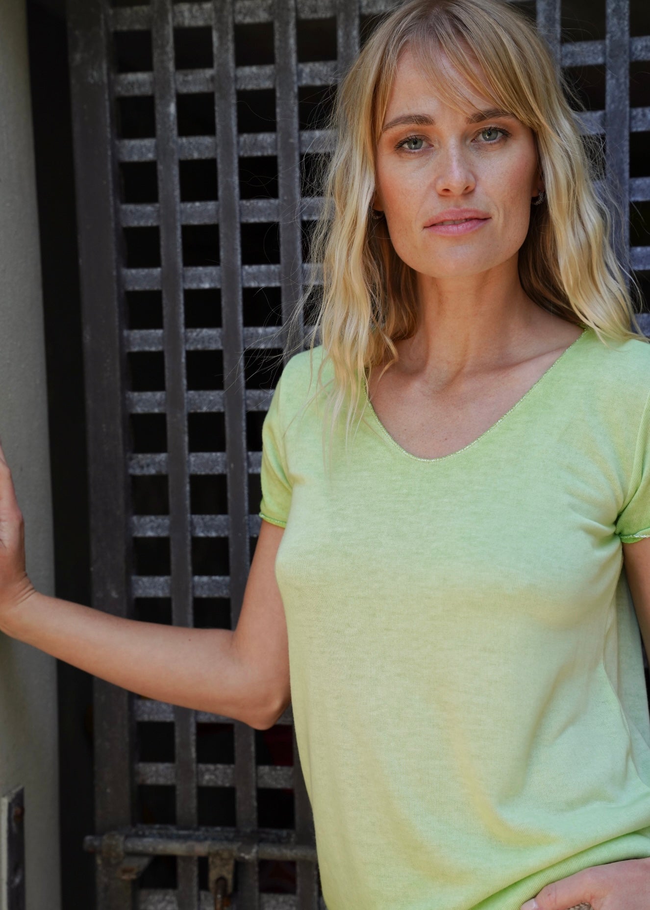 View our Italian Stonewashed Shimmer Edged Knitted Fitted Tee In Apple Green - by Tribute Store