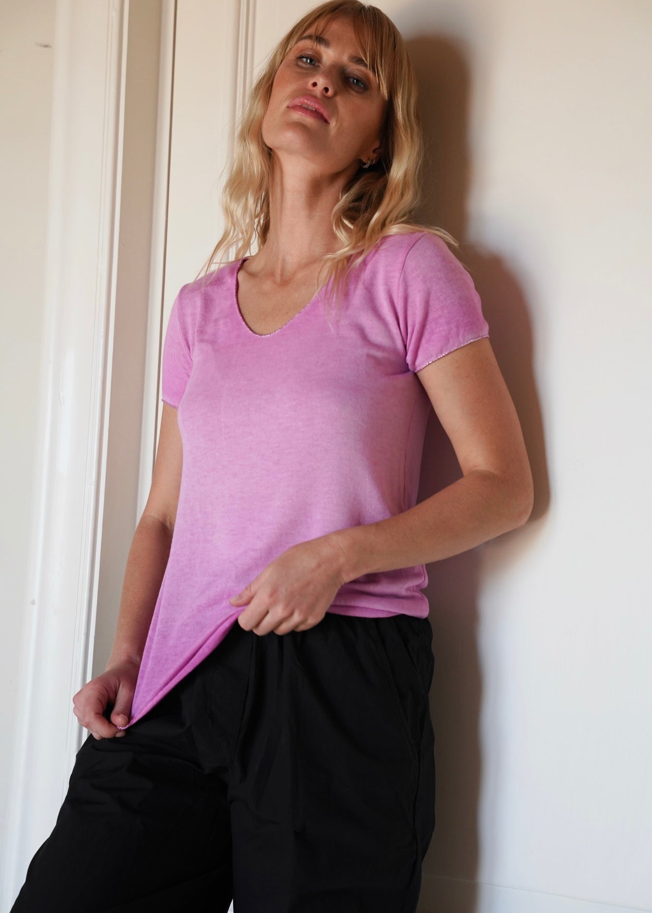 View our Italian Stonewashed Shimmer Edged Knitted Fitted Tee In Fuchsia - by Tribute Store