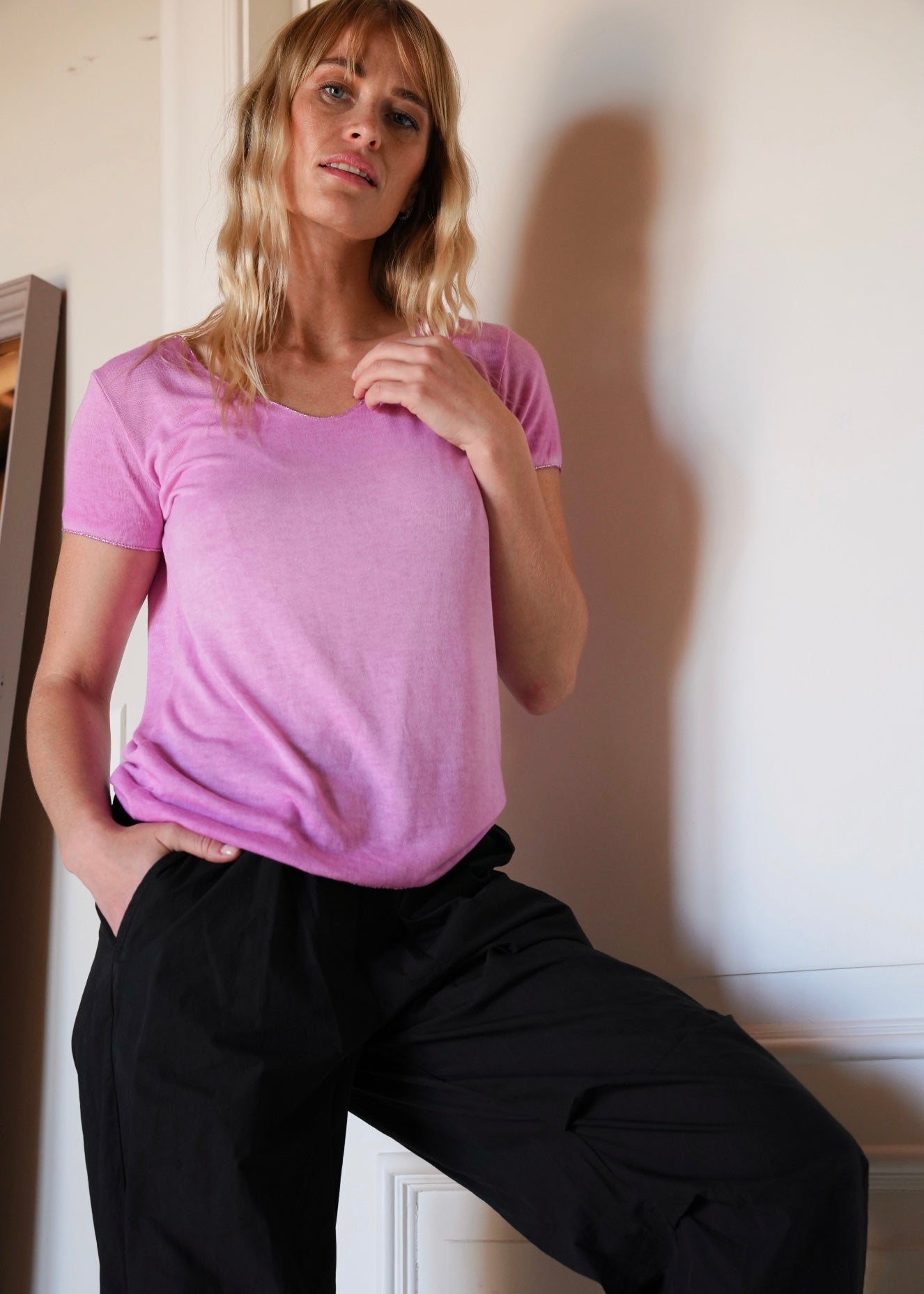 View our Italian Stonewashed Shimmer Edged Knitted Fitted Tee In Fuchsia - by Tribute Store