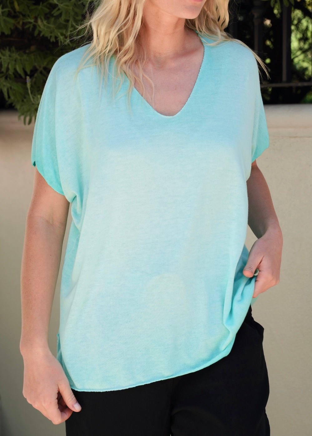 View our Italian Stonewashed Shimmer Edged Knitted Oversized Tee In Sky Blue - by Tribute Store