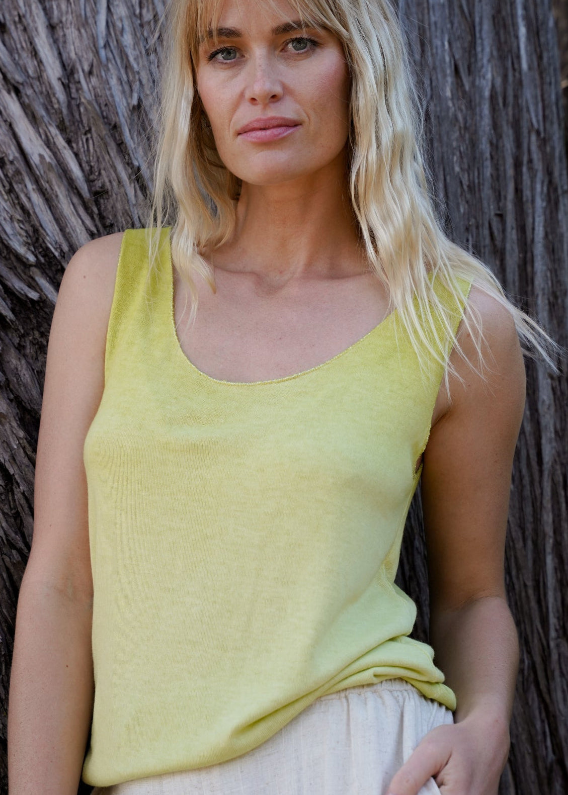 View our Italian Stonewashed Shimmer Edged Knitted Vest In Chartreuse - by Tribute Store