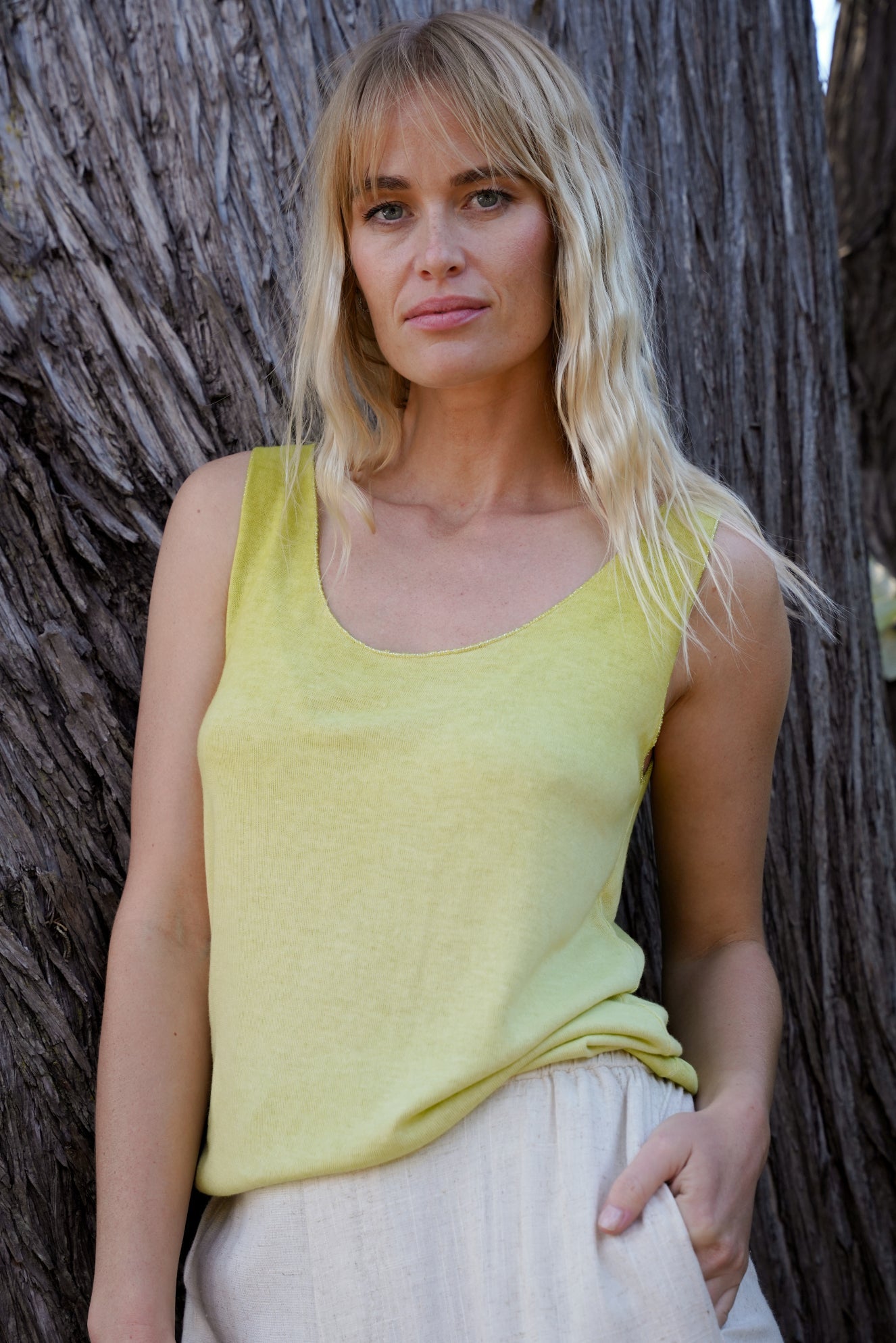 View our Italian Stonewashed Shimmer Edged Knitted Vest In Chartreuse - by Tribute Store