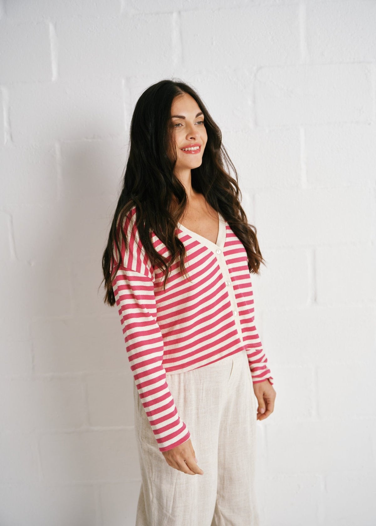 View our Italian Striped Fuschia Cotton Cardi In Pink - by Tribute Store