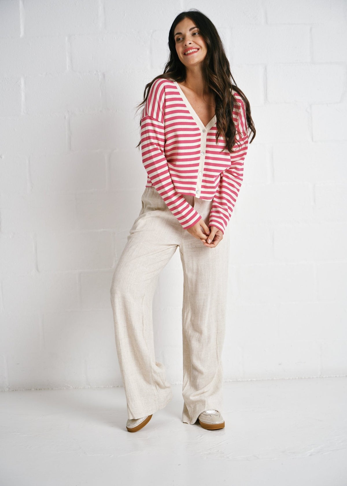 View our Italian Striped Fuschia Cotton Cardi In Pink - by Tribute Store