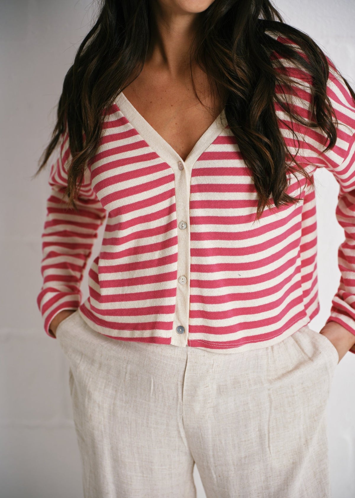 View our Italian Striped Fuschia Cotton Cardi In Pink - by Tribute Store
