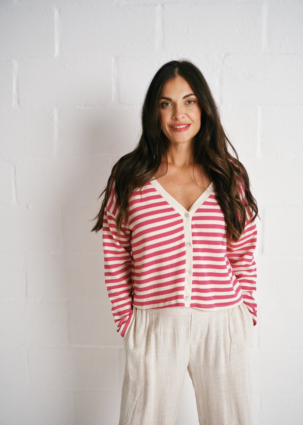 View our Italian Striped Fuschia Cotton Cardi In Pink - by Tribute Store