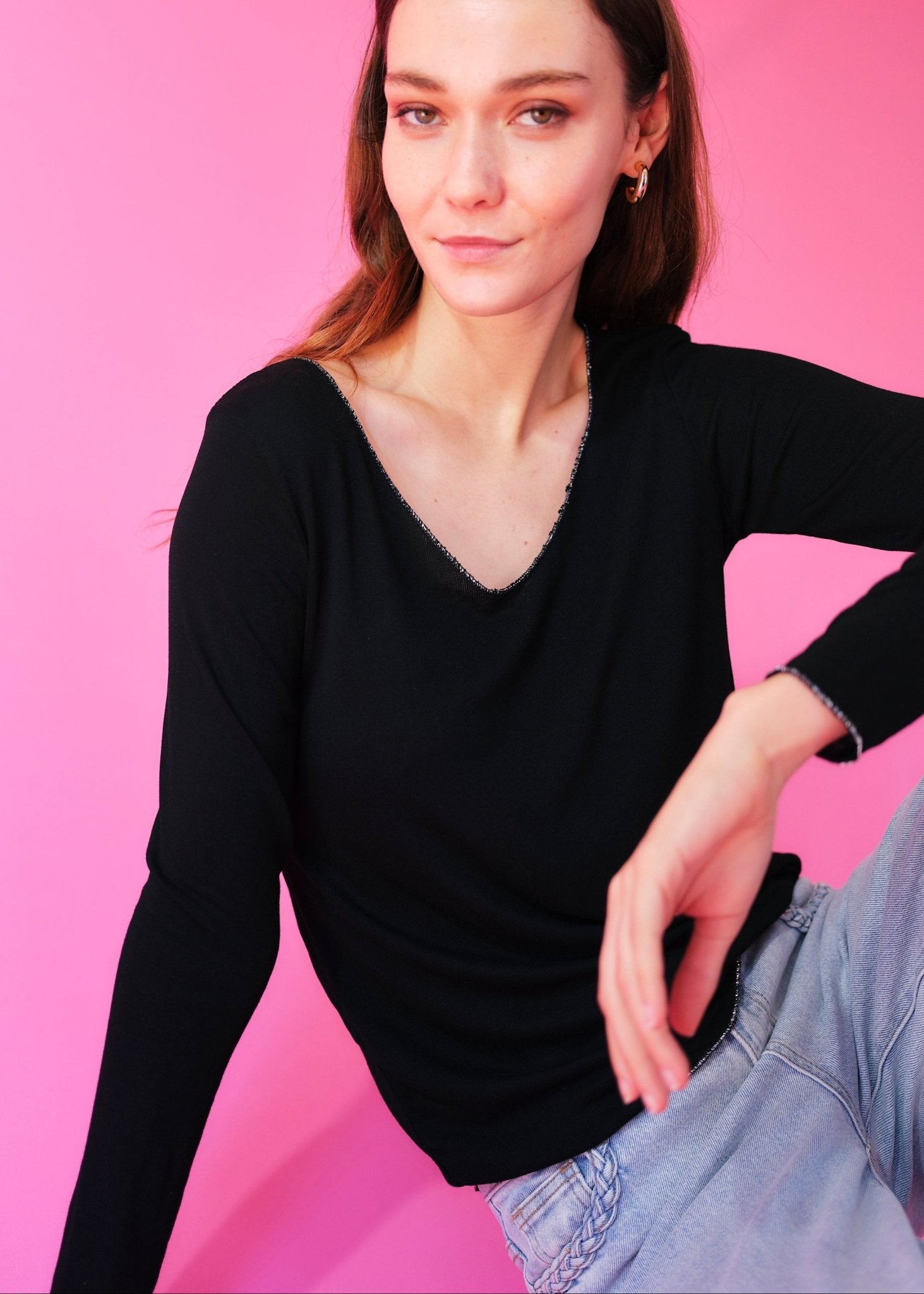 View our Italian V Neck Knit with Shimmer Edge in Black - by Tribute Store