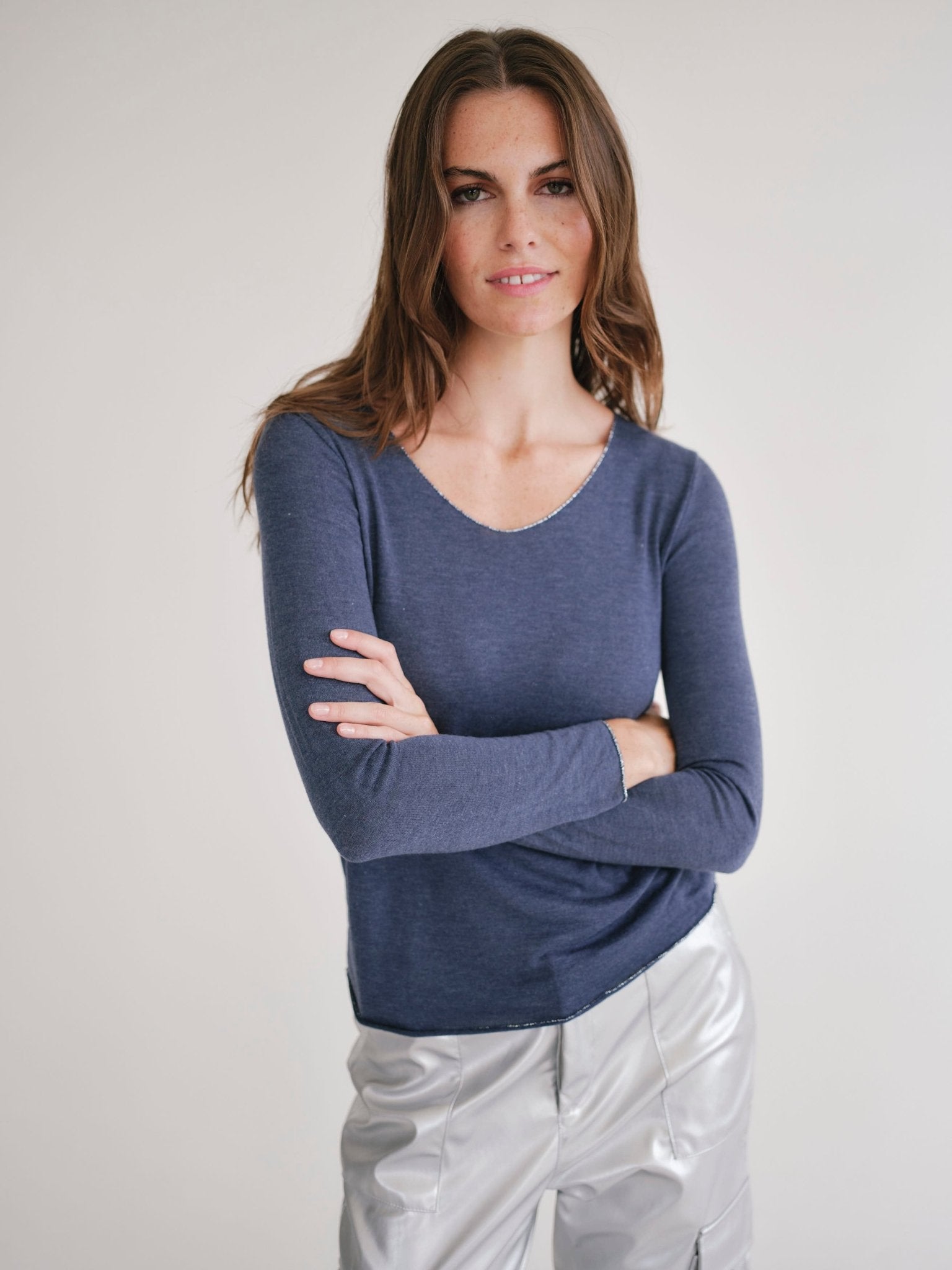 View our Italian V Neck Knit with Shimmer Edge in Marine Blue - by Tribute Store
