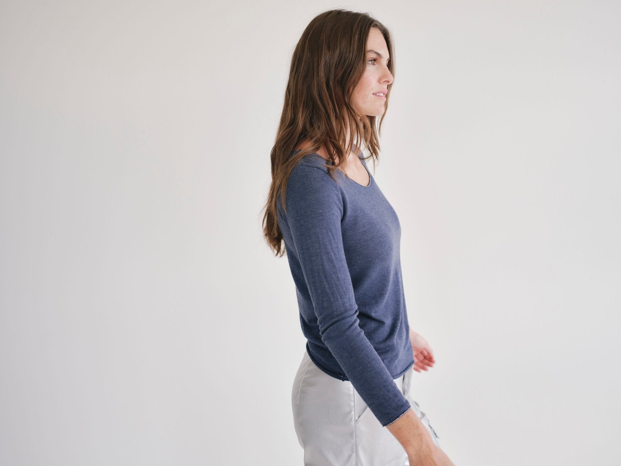 View our Italian V Neck Knit with Shimmer Edge in Marine Blue - by Tribute Store