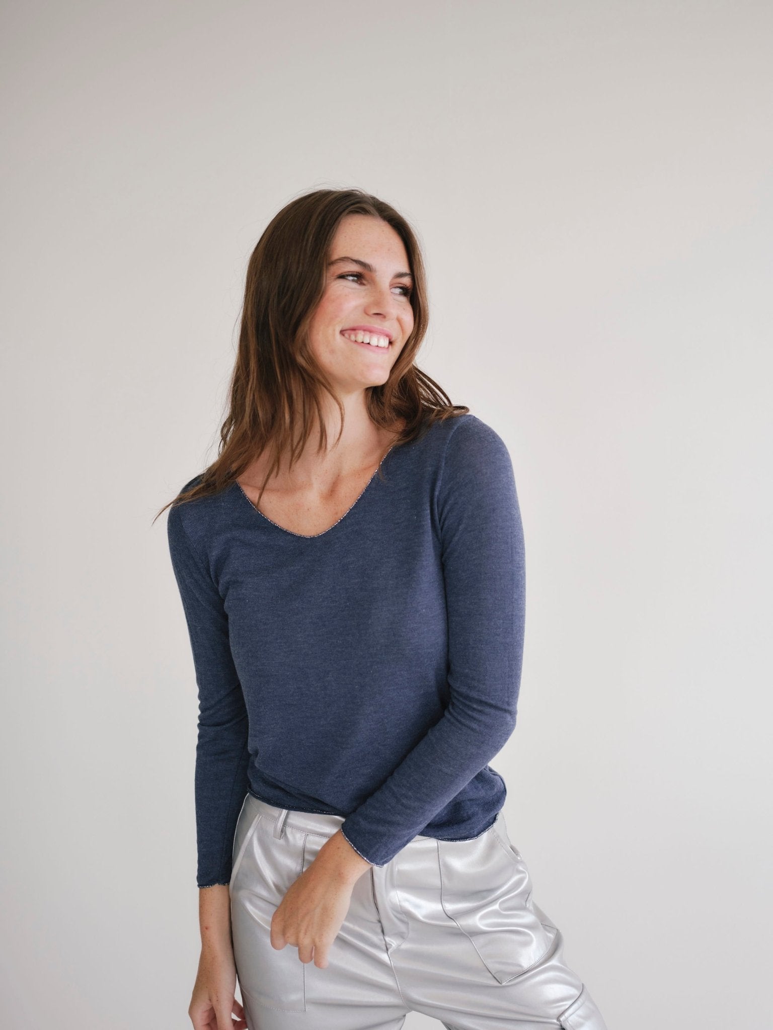 View our Italian V Neck Knit with Shimmer Edge in Marine Blue - by Tribute Store