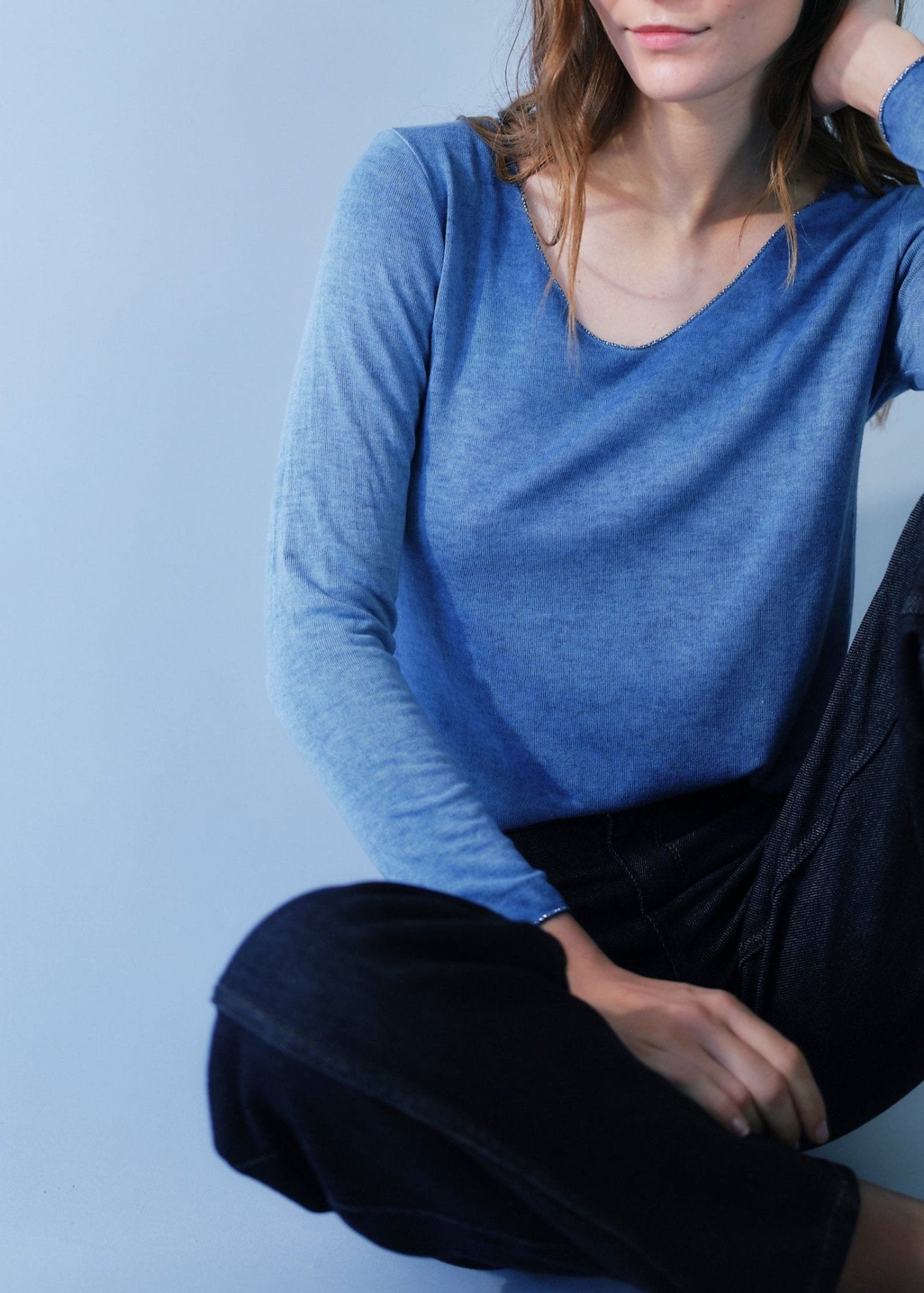 View our Italian V Neck Knit with Shimmer Edge in Marine Blue - by Tribute Store