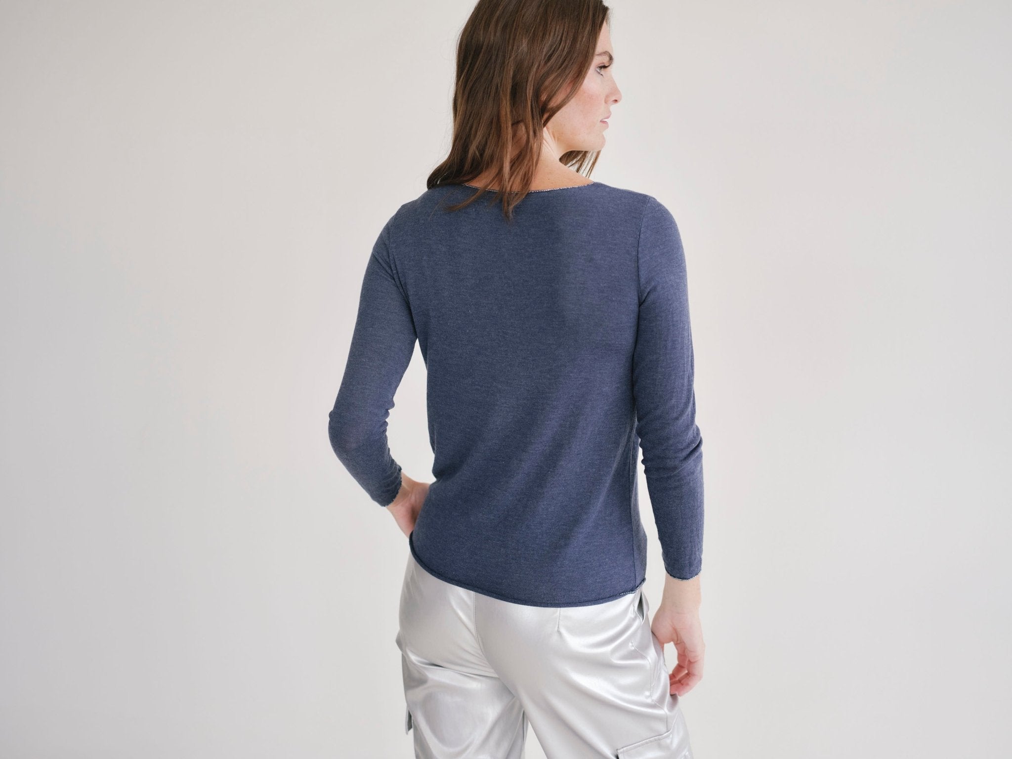 View our Italian V Neck Knit with Shimmer Edge in Marine Blue - by Tribute Store