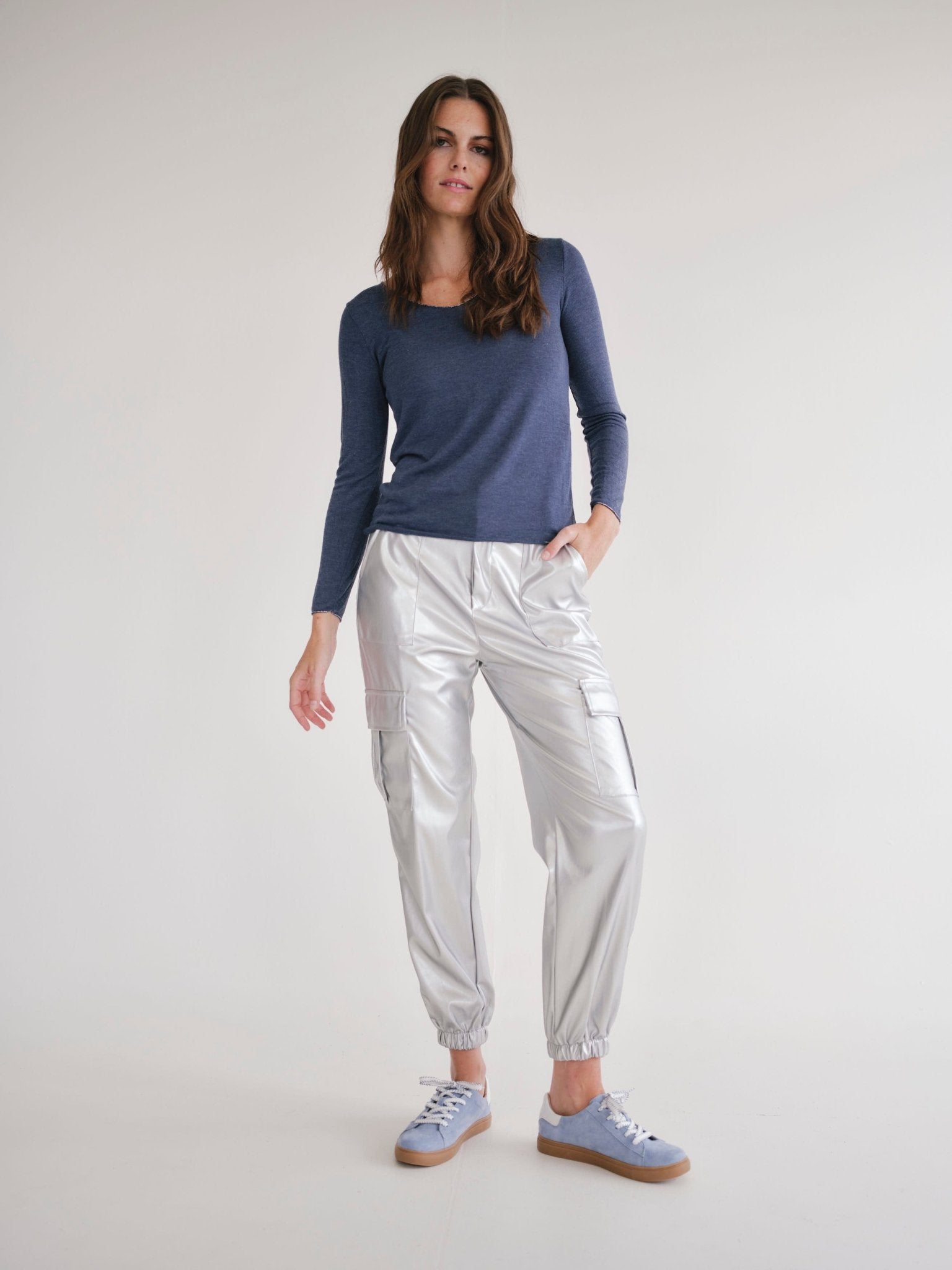 View our Italian V Neck Knit with Shimmer Edge in Marine Blue - by Tribute Store