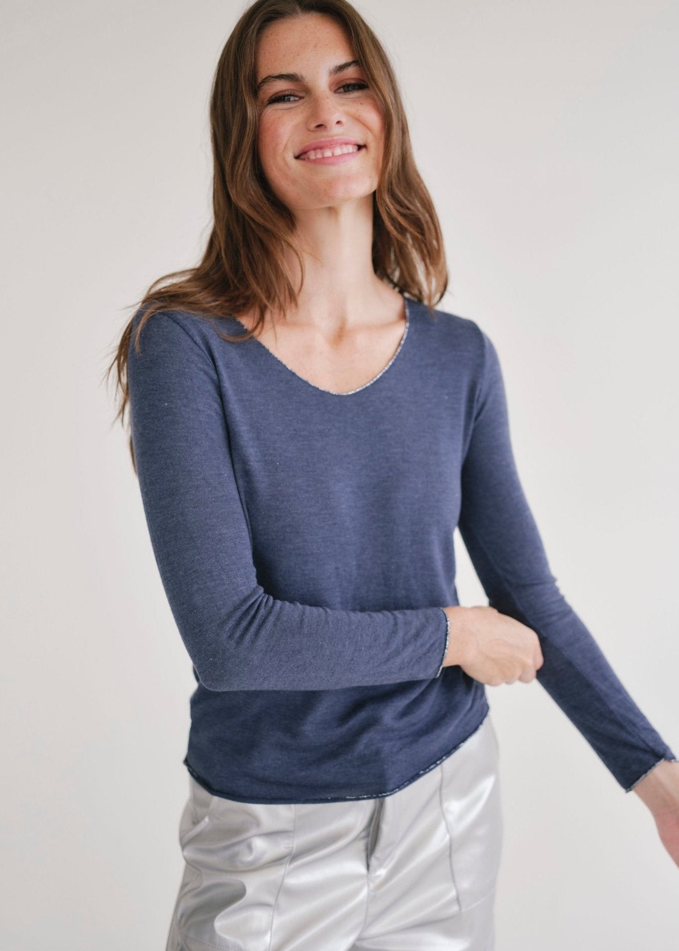 View our Italian V Neck Knit with Shimmer Edge in Marine Blue - by Tribute Store