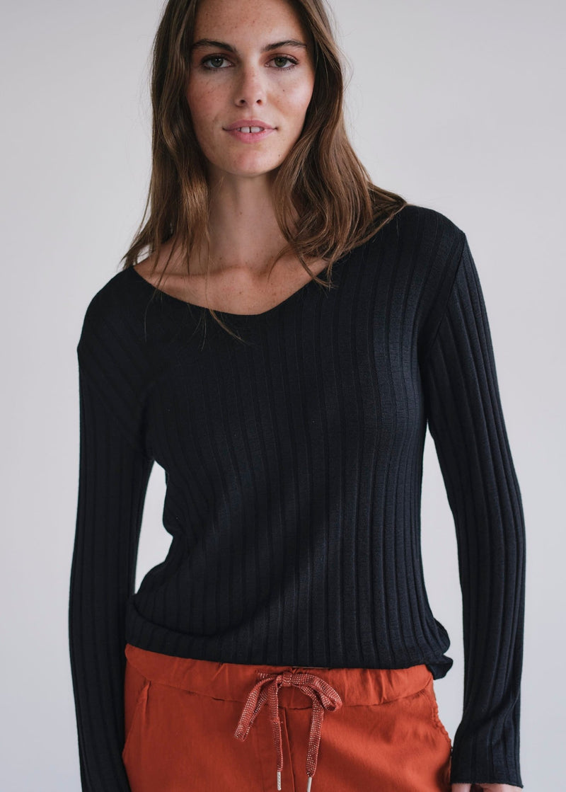 View our Italian V Neck Rib Knit in Black - by Tribute Store