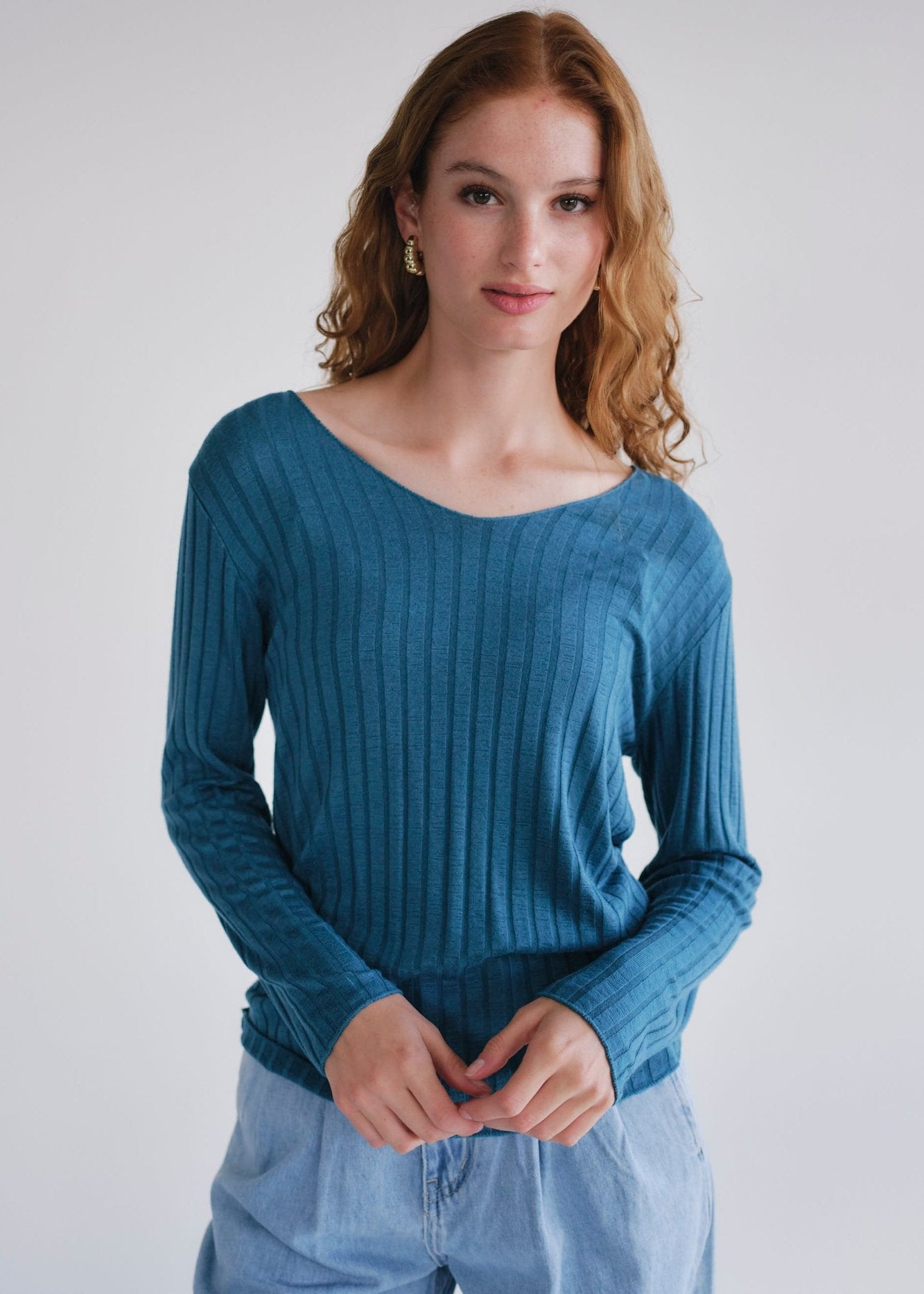 View our Italian V Neck Rib Knit in Blue - by Tribute Store