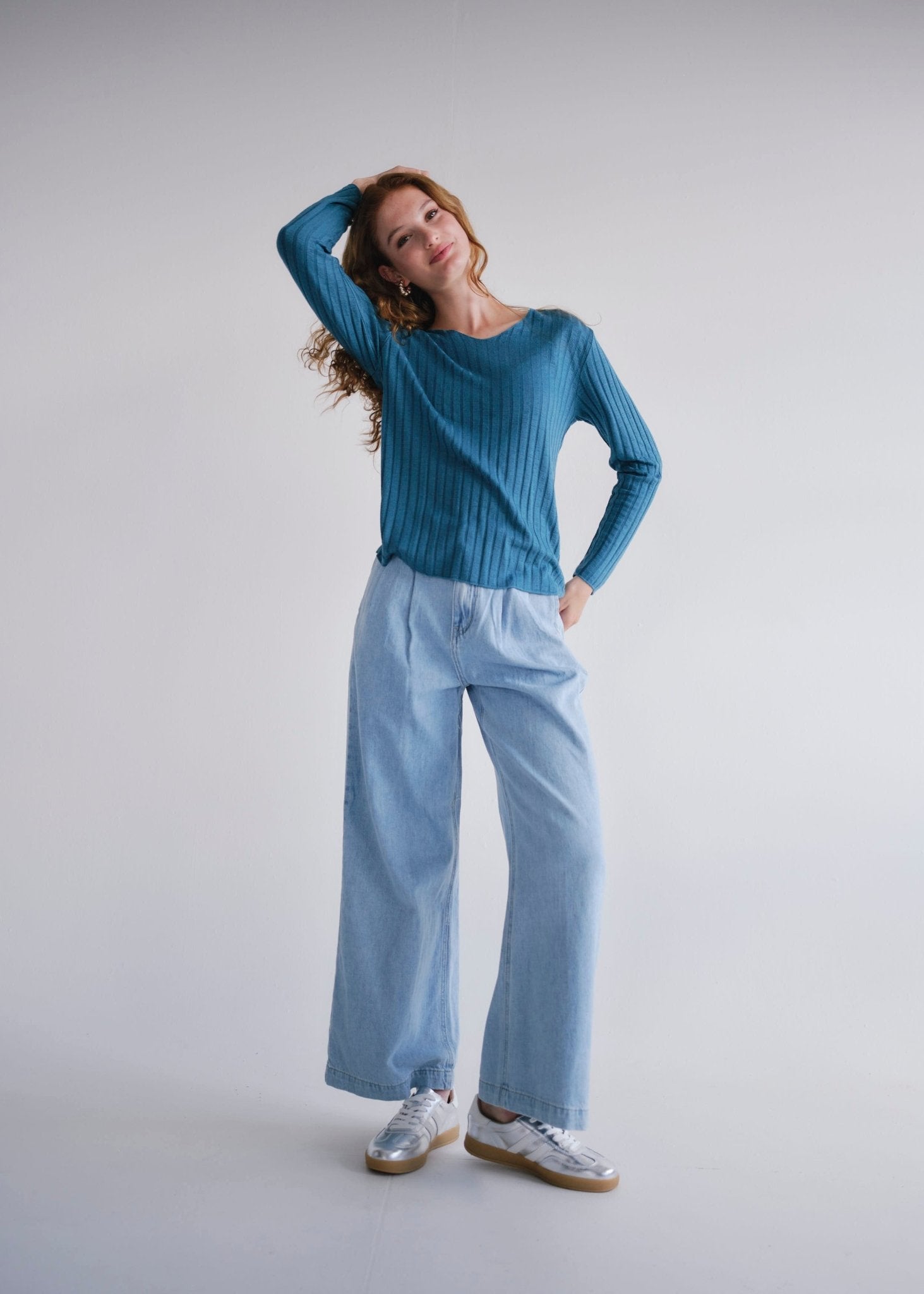 View our Italian V Neck Rib Knit in Blue - by Tribute Store