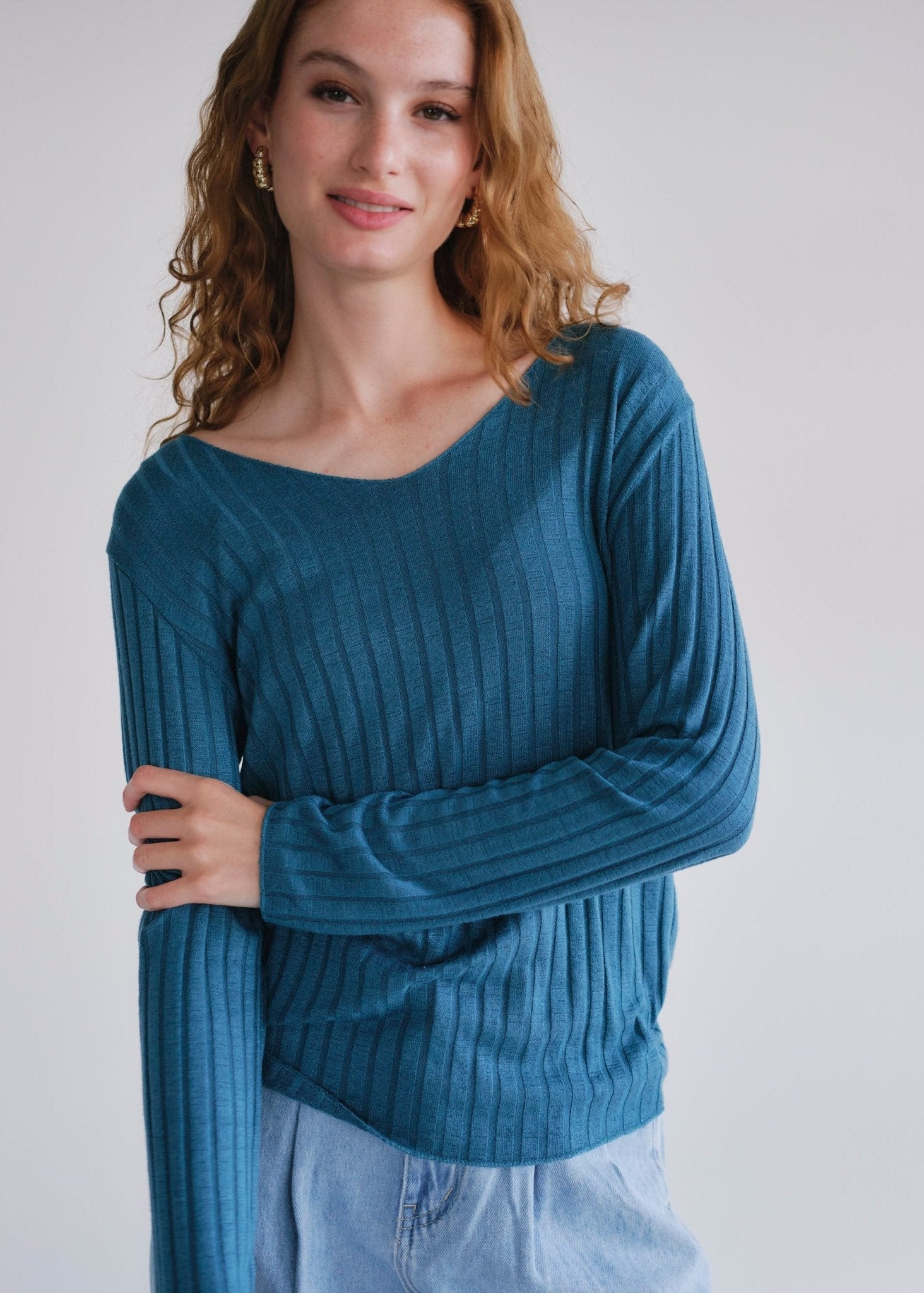 View our Italian V Neck Rib Knit in Blue - by Tribute Store