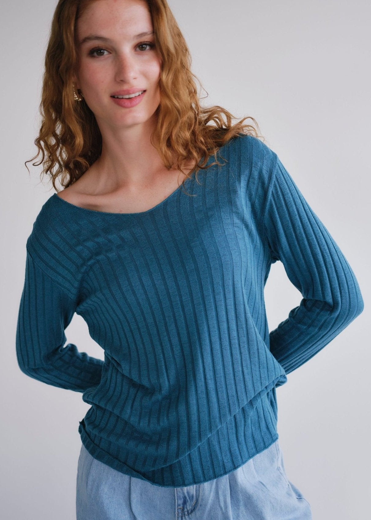 View our Italian V Neck Rib Knit in Blue - by Tribute Store