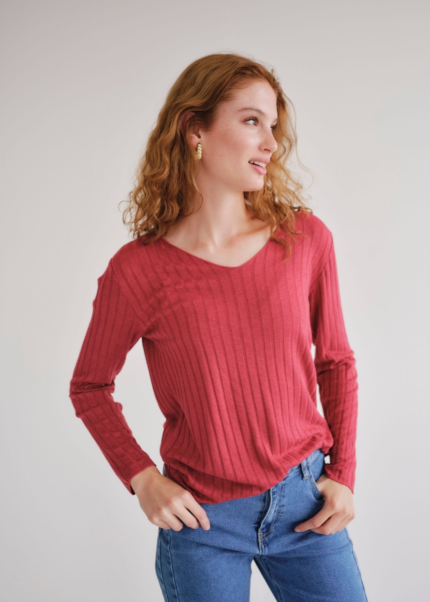 View our Italian V Neck Rib Knit in Burgundy - by Tribute Store
