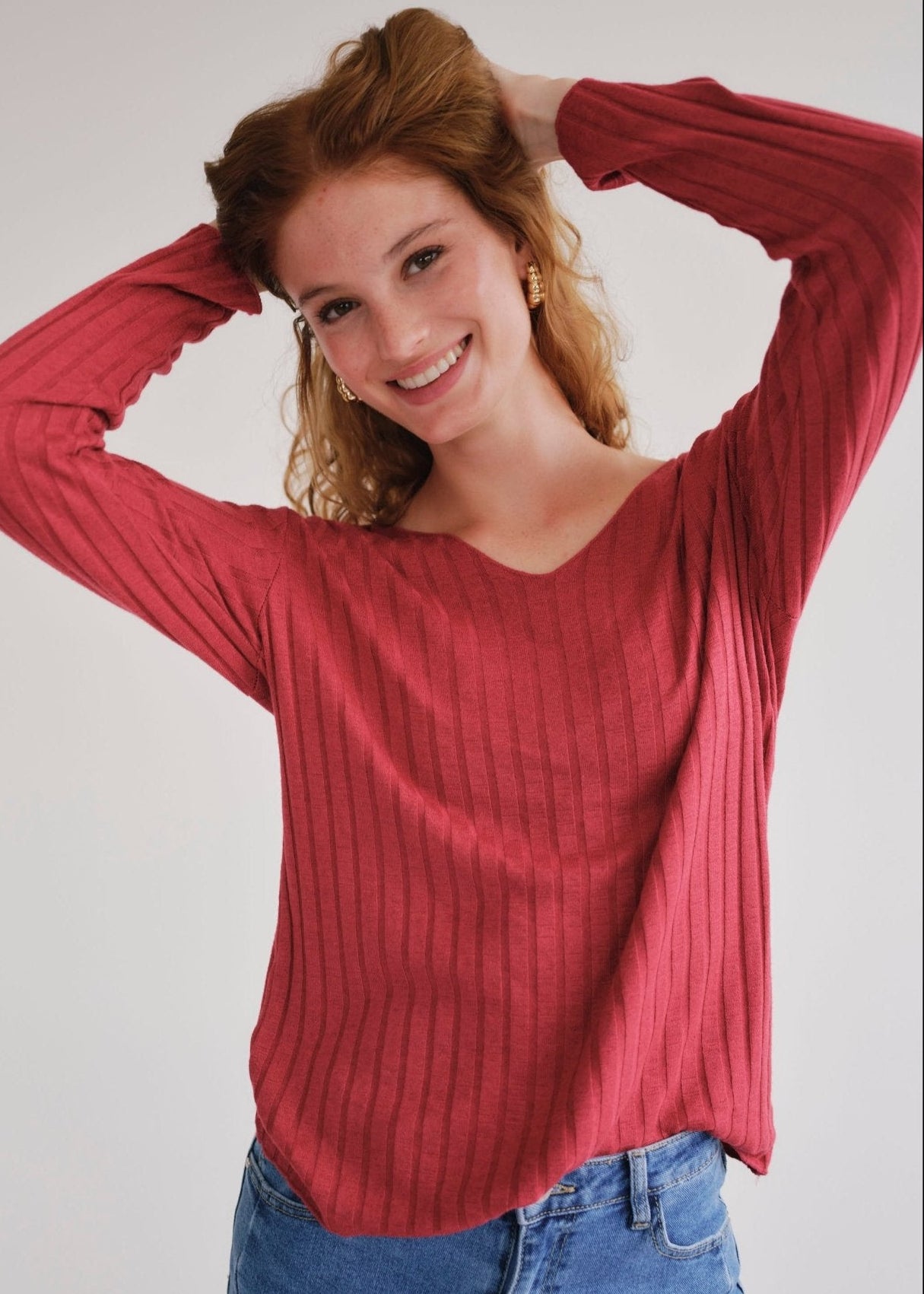View our Italian V Neck Rib Knit in Burgundy - by Tribute Store