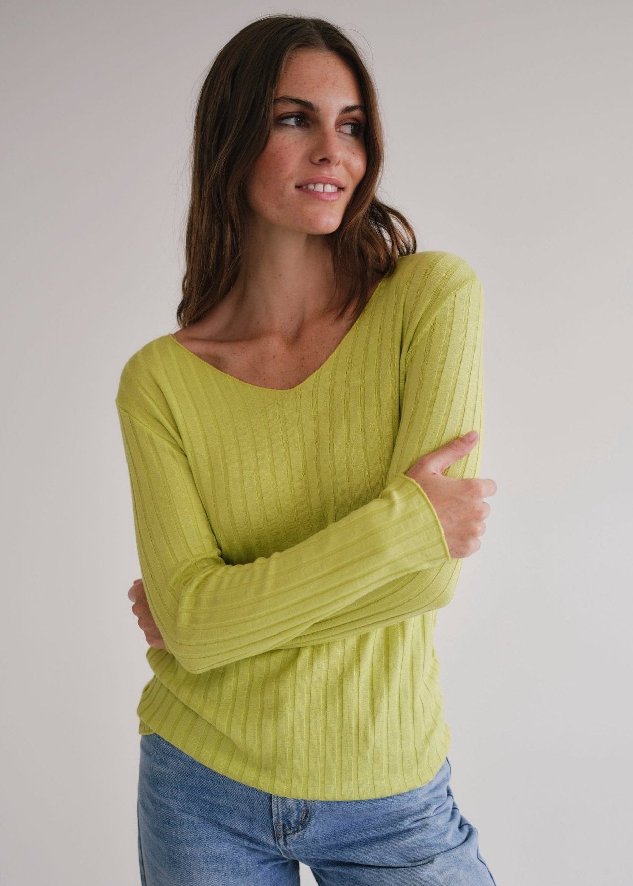 View our Italian V Neck Rib Knit in Chartreuse - by Tribute Store