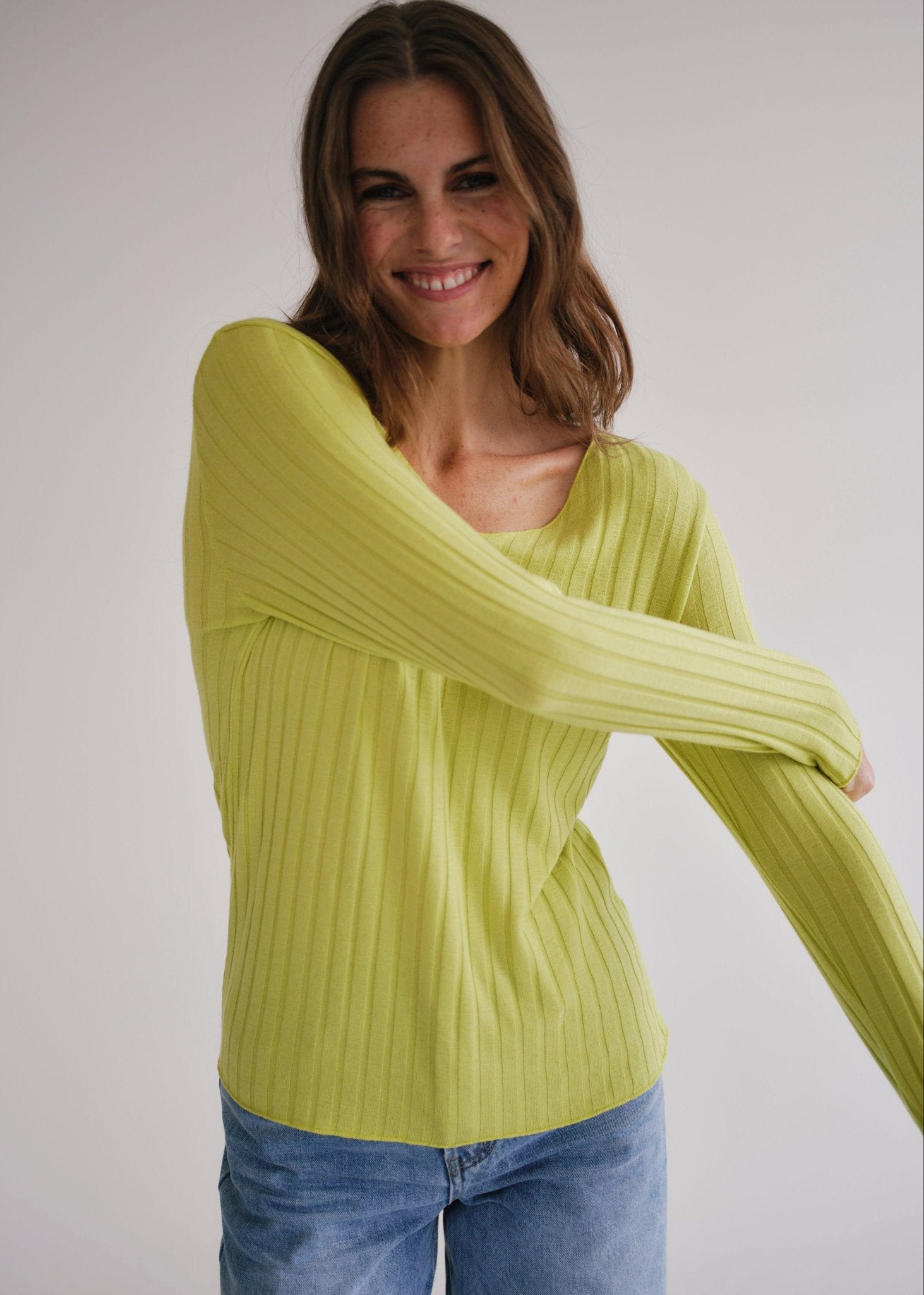 View our Italian V Neck Rib Knit in Chartreuse - by Tribute Store