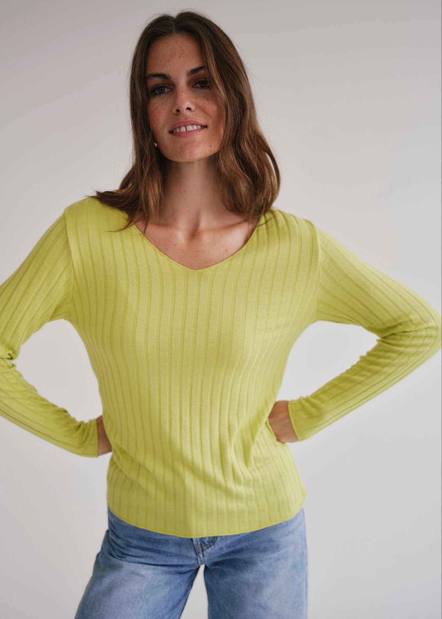 View our Italian V Neck Rib Knit in Chartreuse - by Tribute Store