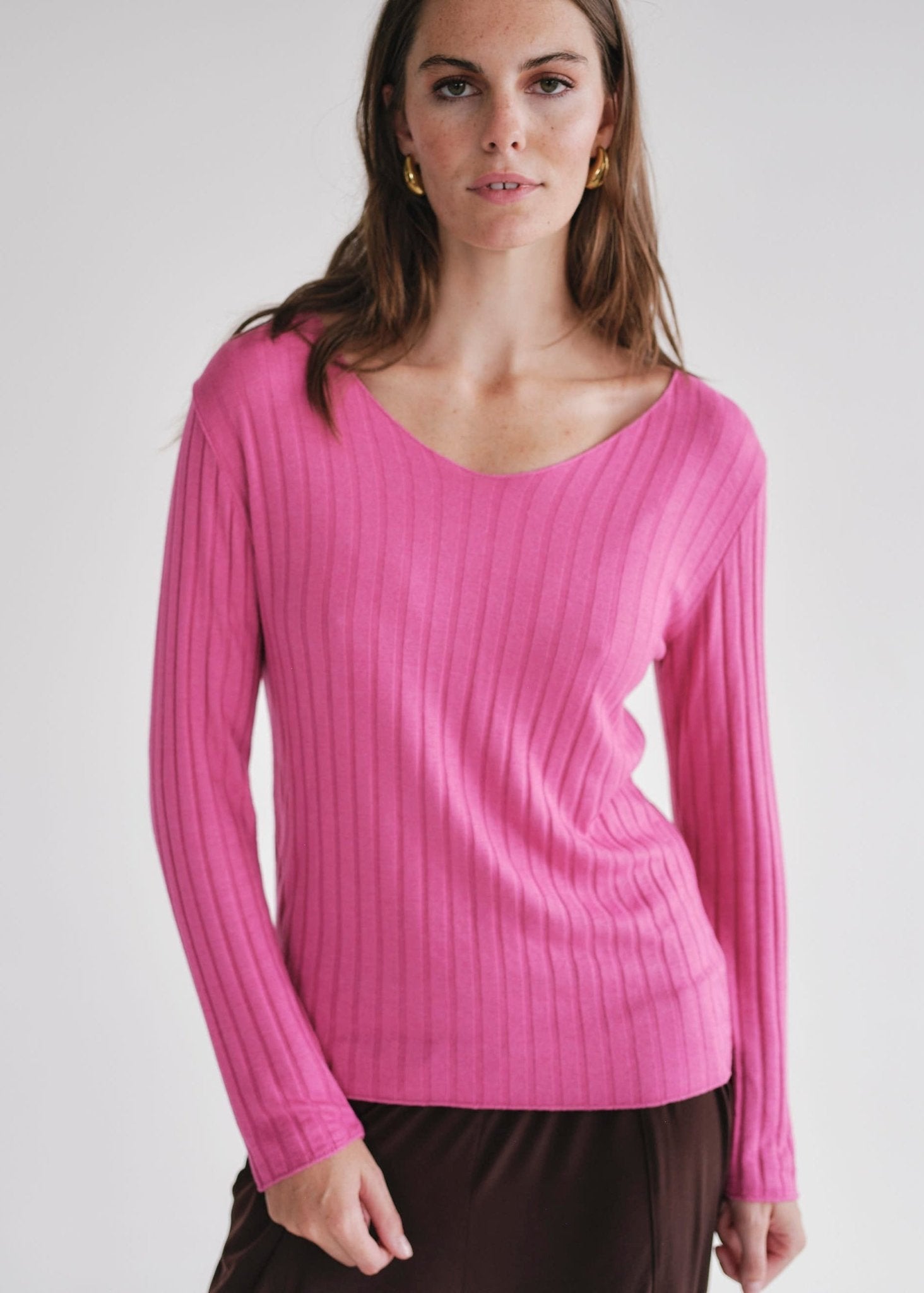 View our Italian V Neck Rib Knit in Fuchsia - by Tribute Store