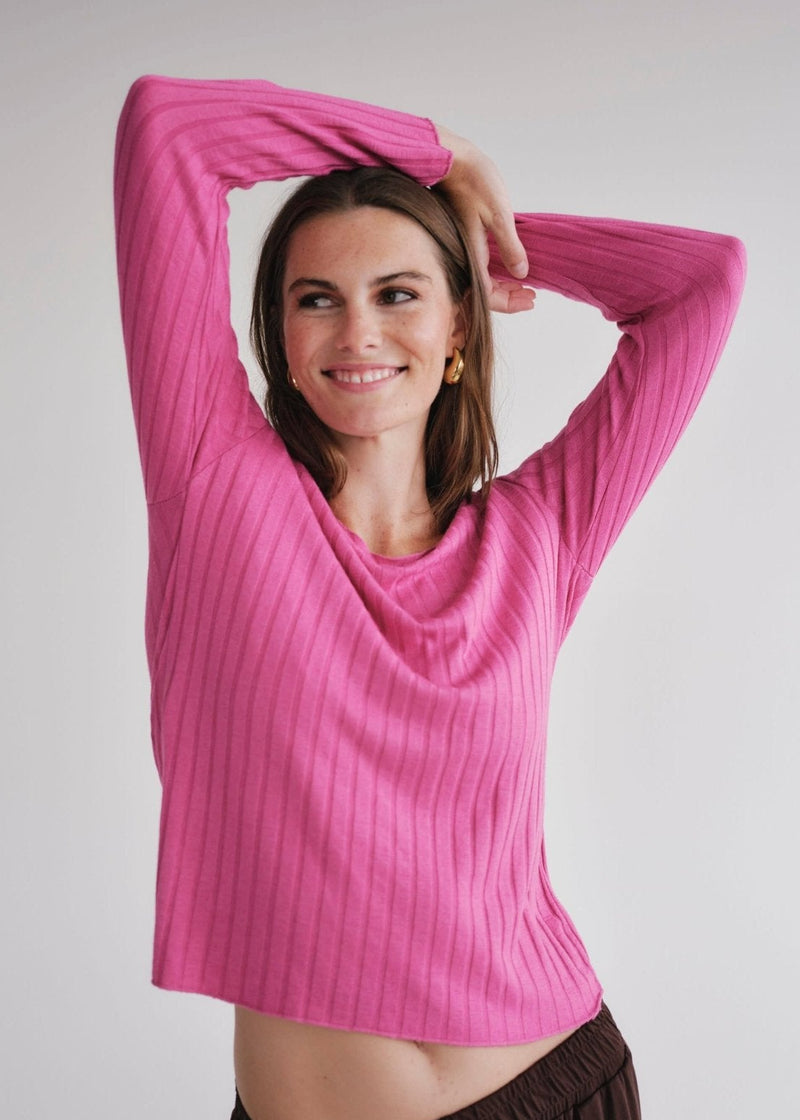 View our Italian V Neck Rib Knit in Fuchsia - by Tribute Store