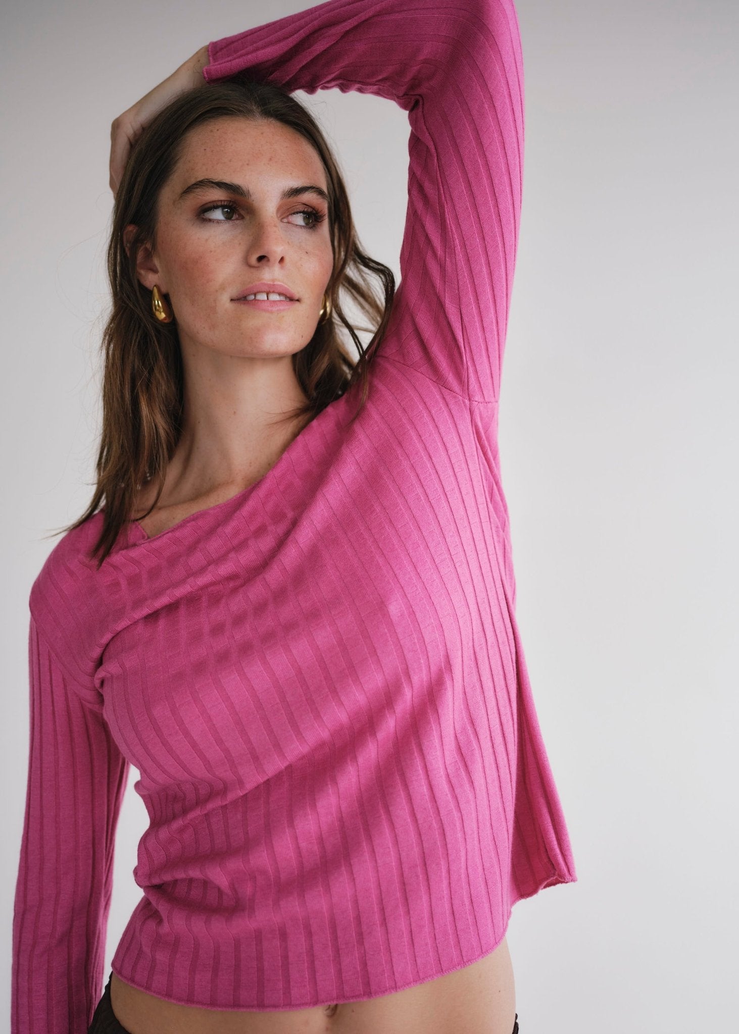View our Italian V Neck Rib Knit in Fuchsia - by Tribute Store